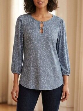 Cure Light Blue Polka Dot Double Keyhole Blouse 3/4 Elastic Sleeve Women's Top